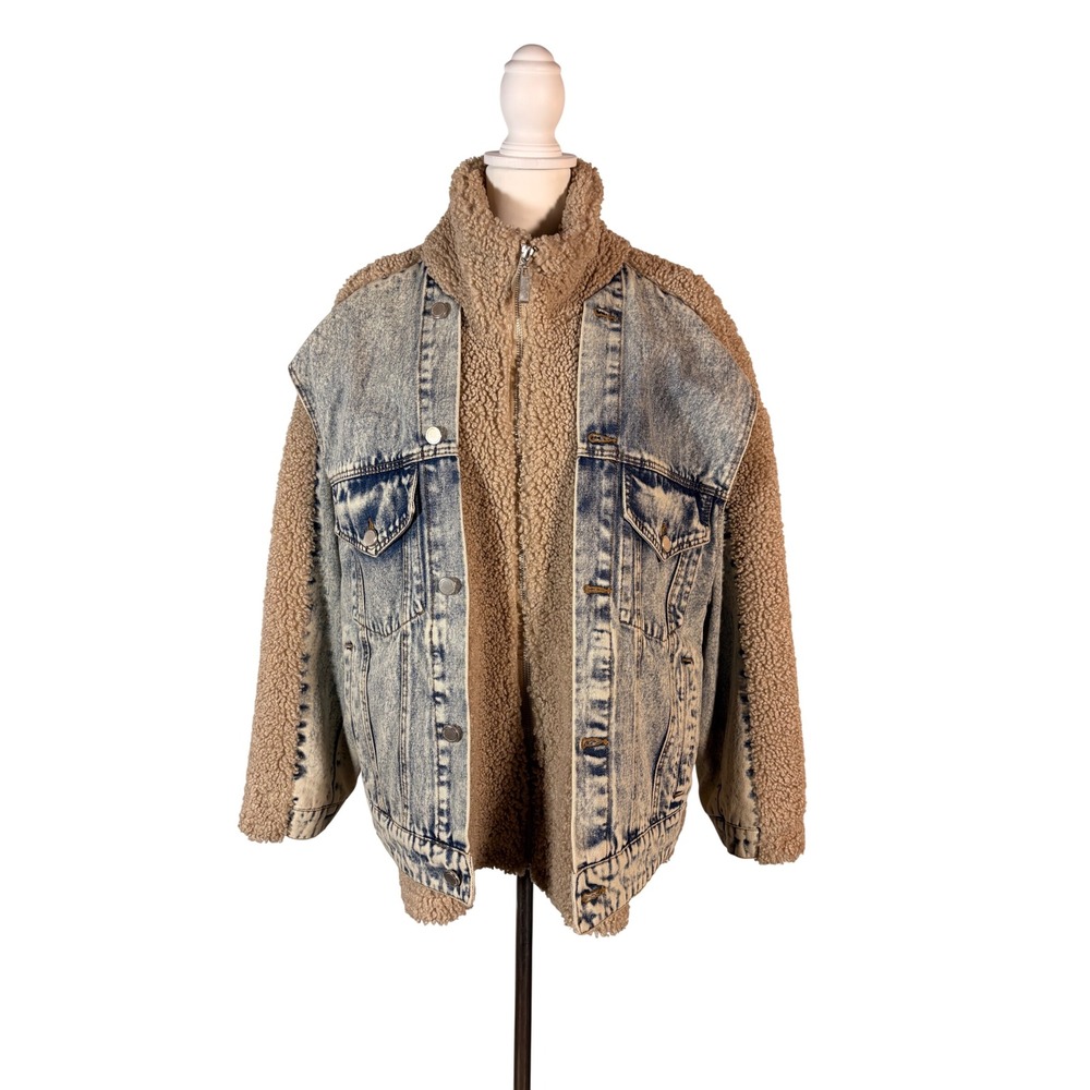 BLANKNYC Faux Sherpa Denim Trucker Jacket M Streetwear Western Grunge Acid Wash